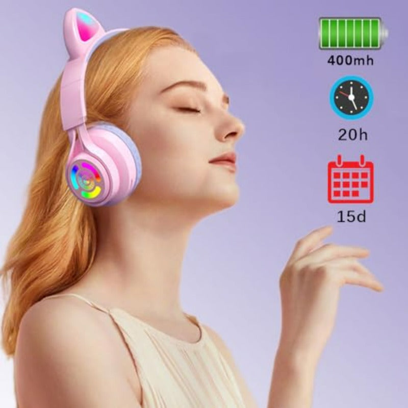 Cat Ear Gaming Headphones Wireless Bluetooth V5. 3 LED Lights Pink and Purple with Microphone