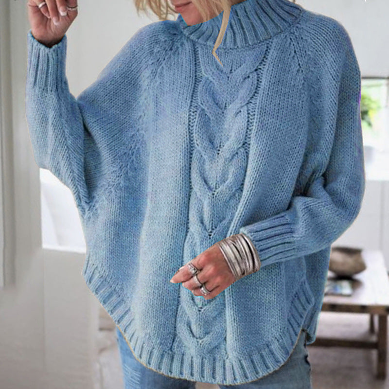 High-Collar Cable Knit Batwing Sweater