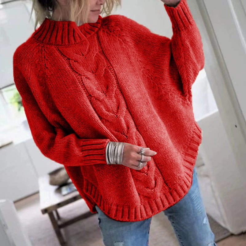High-Collar Cable Knit Batwing Sweater