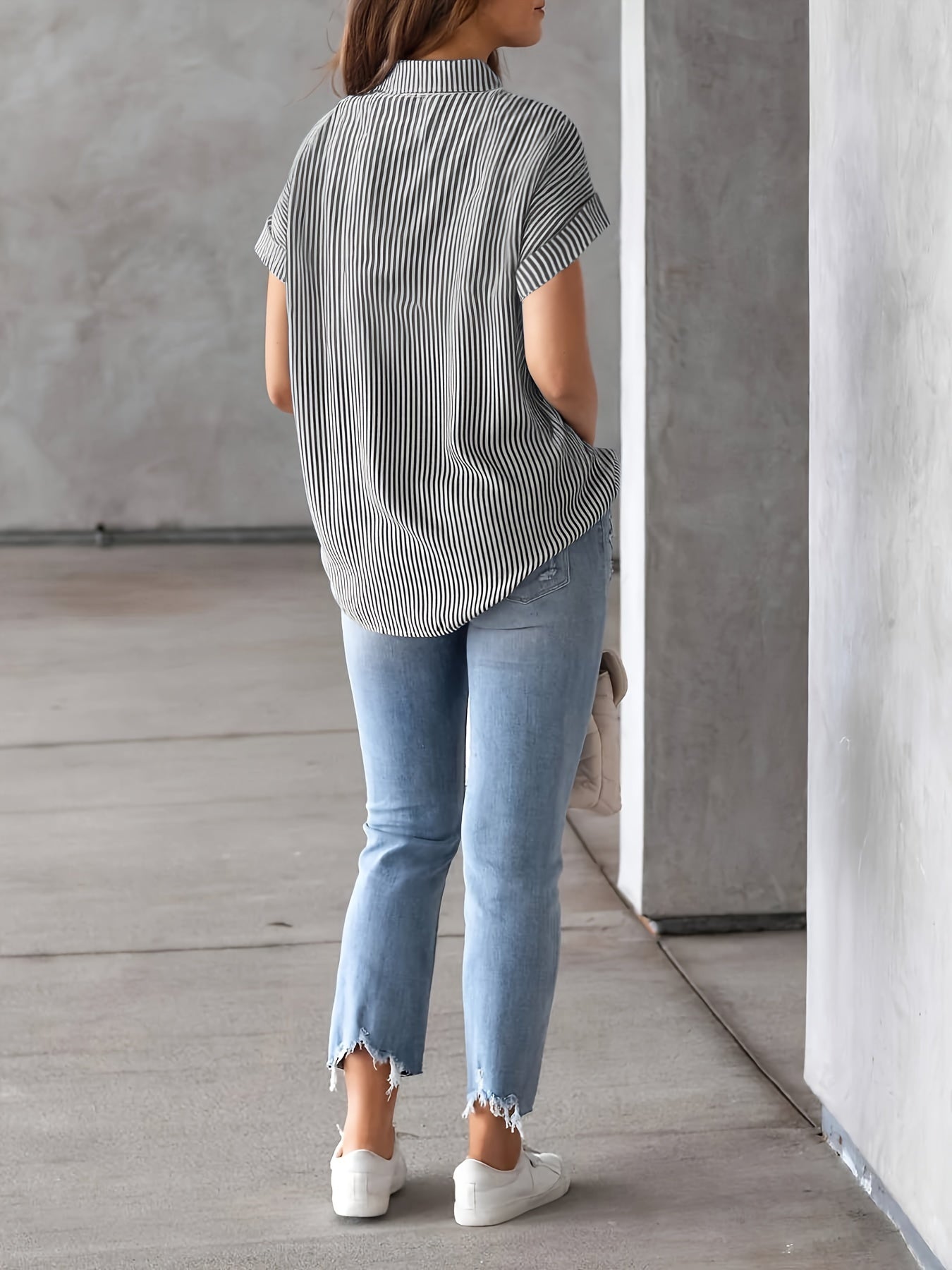 Oversized Short Sleeve Striped Button-Up Blous