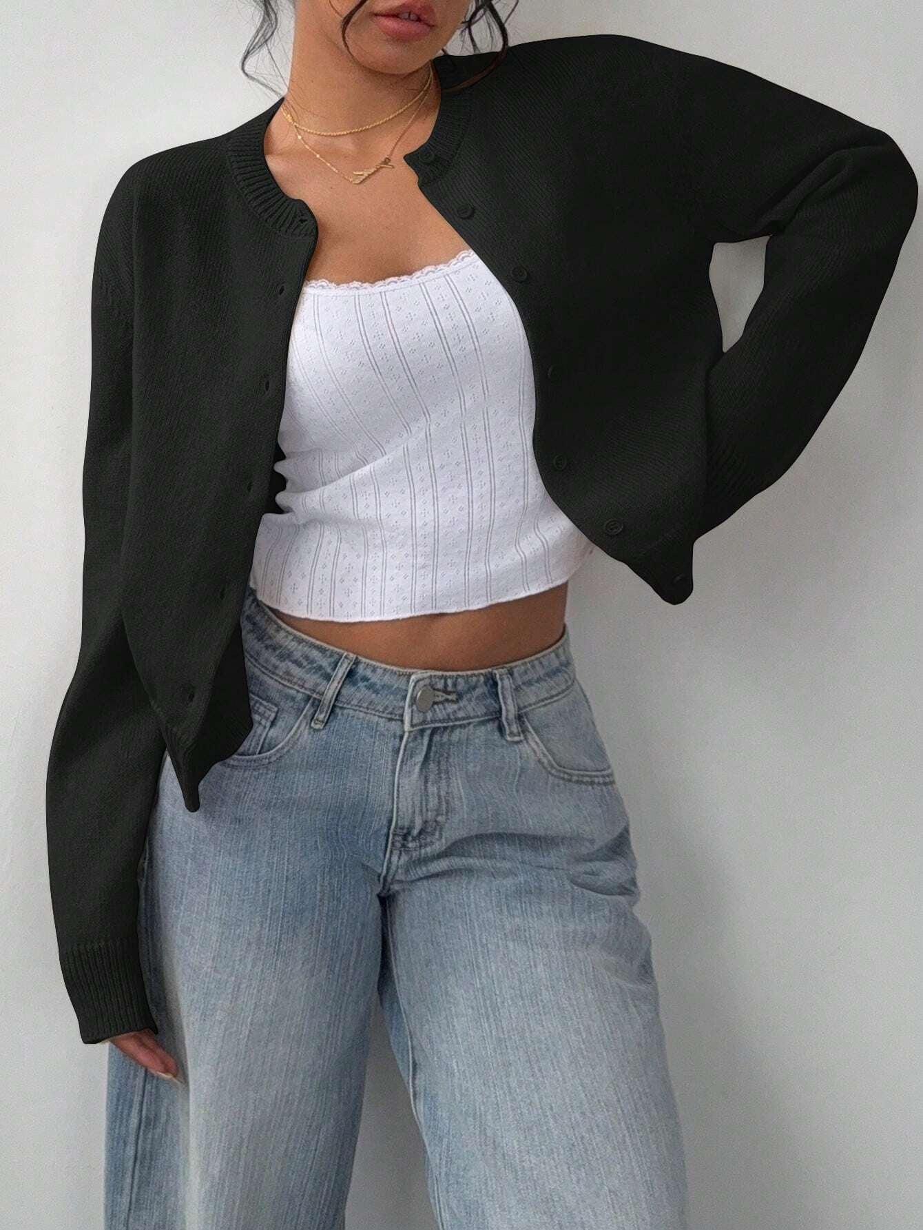 Chic Round Neck Slim Knit Cardigan