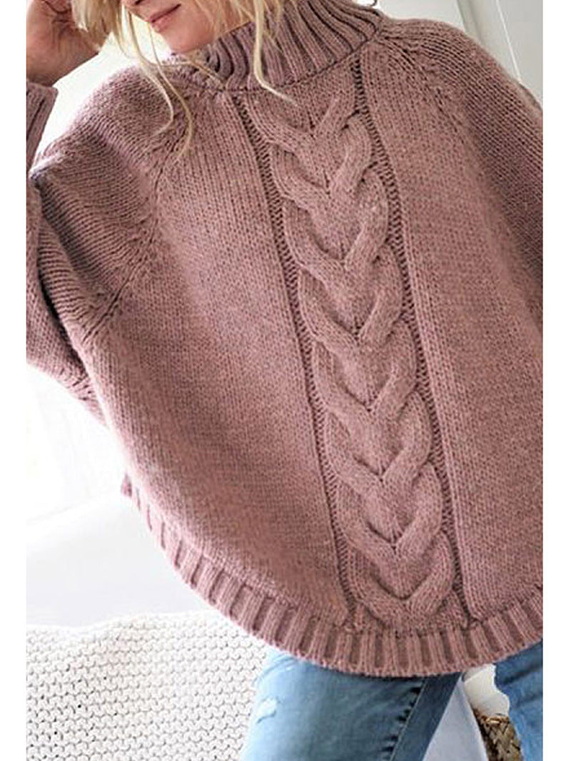 High-Collar Cable Knit Batwing Sweater