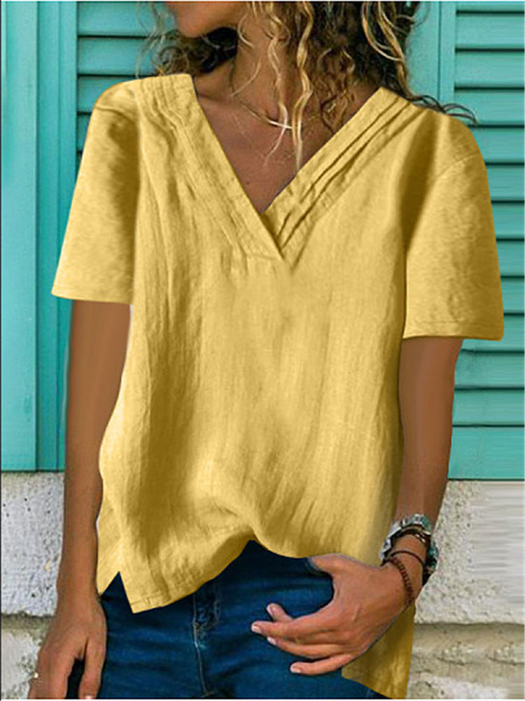Large V-neck Hem Bifurcated Short-sleeved Cotton And Linen Layers