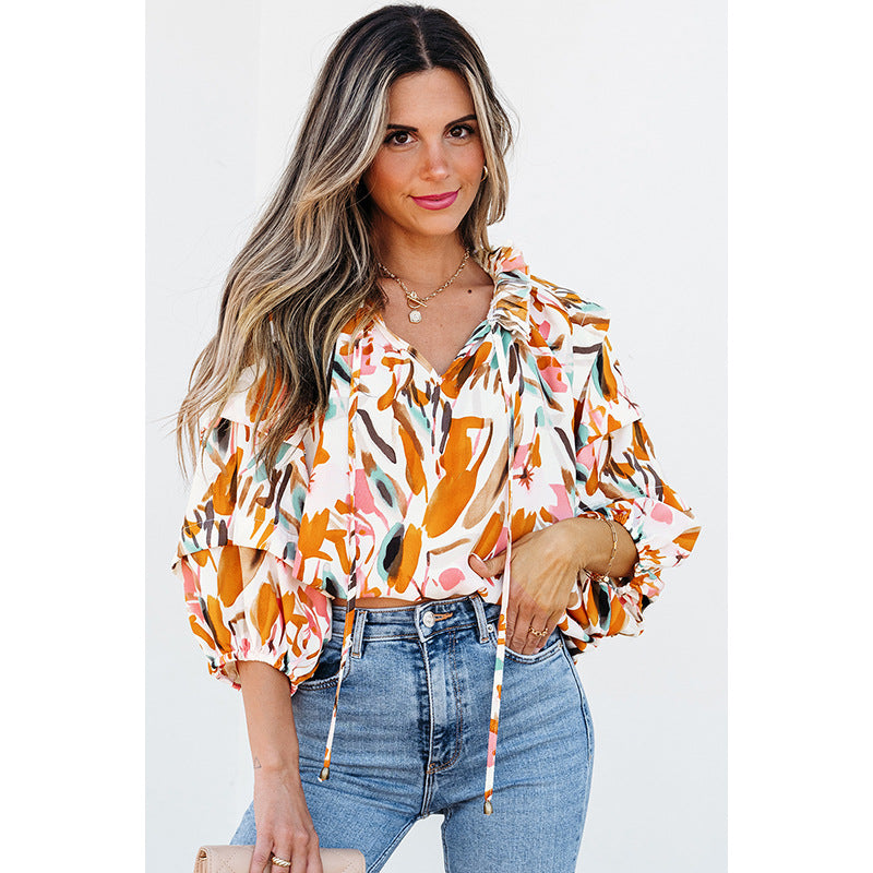 V-Neck Colorblock Printed Chiffon Blouse with Tassel Ties