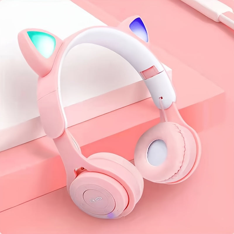 Cat's Ears (Steamed Cat-ear Shaped Bread) Headset Gradient LED Light Cat's Ear Retractable Cute Gift Wireless Headset. Valentines'Gift, Gift for Him.