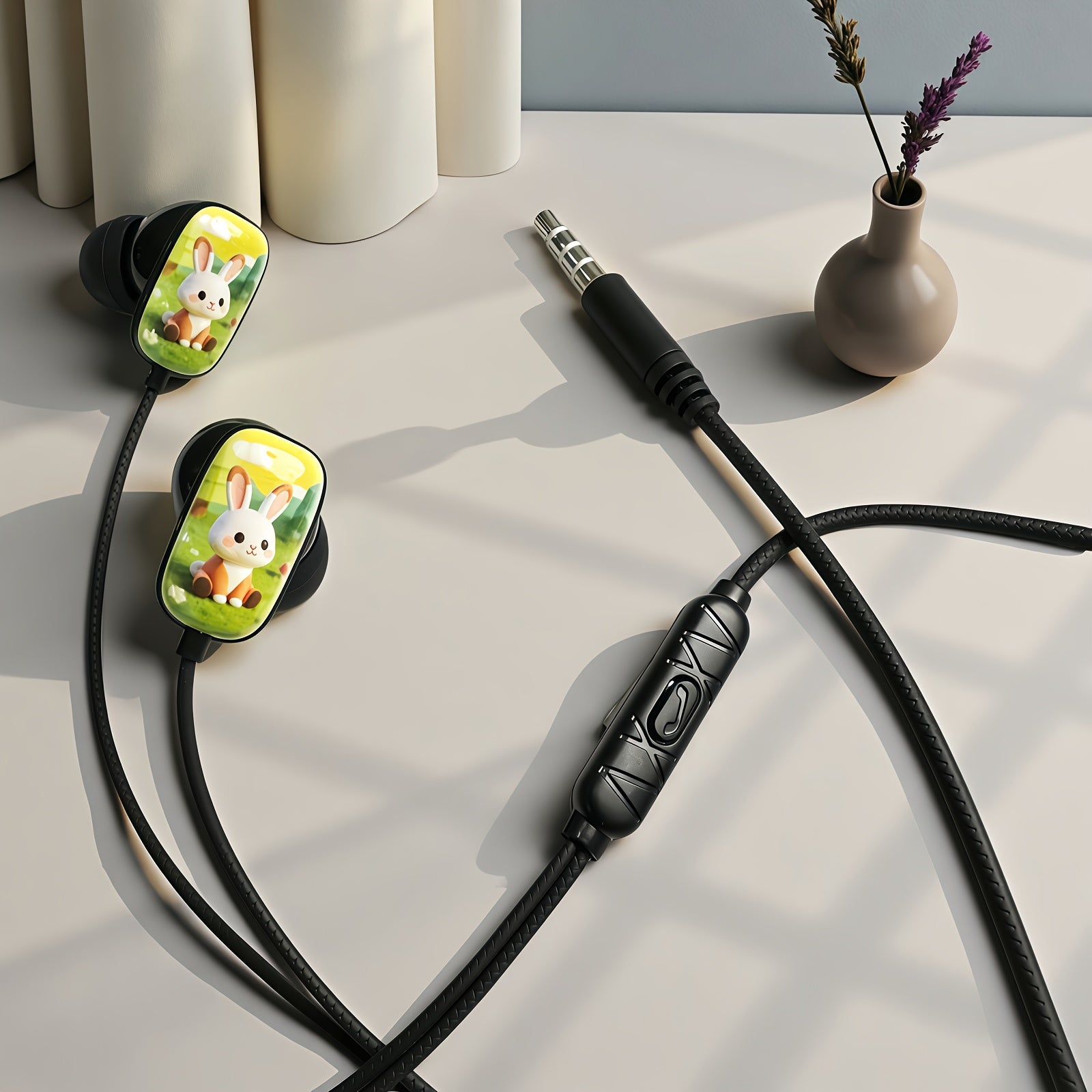 2D Flat Printing Cute Bunny Wired Headset,semi-in-ear Music Headphones, Student Headphones,Lightweight Cartoon Noise-canceling Headphones, HD Microphone, Stereo Sound Quality,Suitable for Birthday and Party Gifts.Compatible w