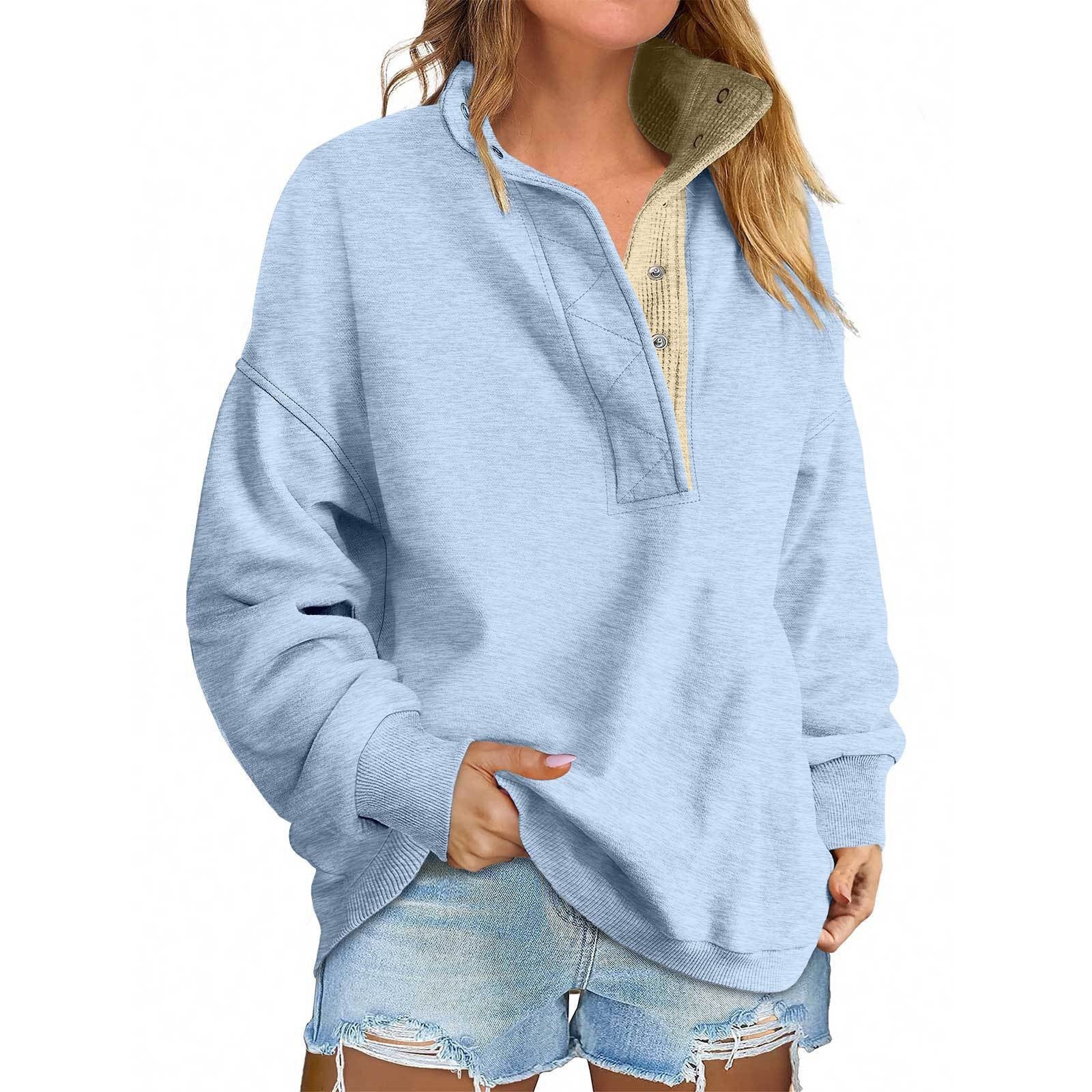 Floral Accent Buttoned Stand-Collar Pullover