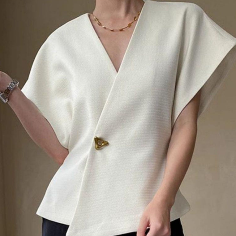 French Style Structured V-Neck Vest Blouse