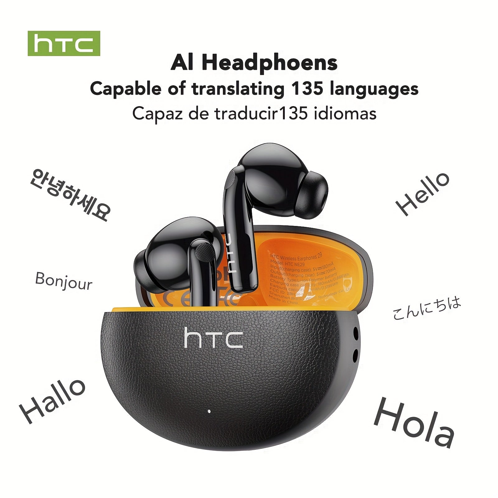1pc HTC NE29 AI Translation Earbuds | 134 Language Translation, Wireless V6.0, Noise Cancellation, 6.5 Hours Music Playtime, Large Speaker for High Volume, Wireless, Hands-Free Calls