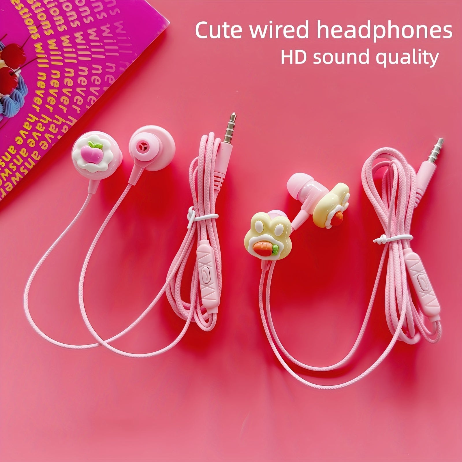 Cute Pink In-Ear Wired Headphones Featuring Cartoon Additions, Equipped with a 3.5MM Plug for Full Compatibility. They Come with a Built-In Microphone for HD Calling And Can Be Directly Plugged Into Any Device with a 3.5Mm Ja