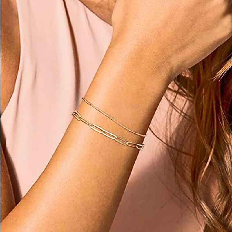 Dainty 14K Gold Filled Layered Paperclip Chain Bracelet Set
