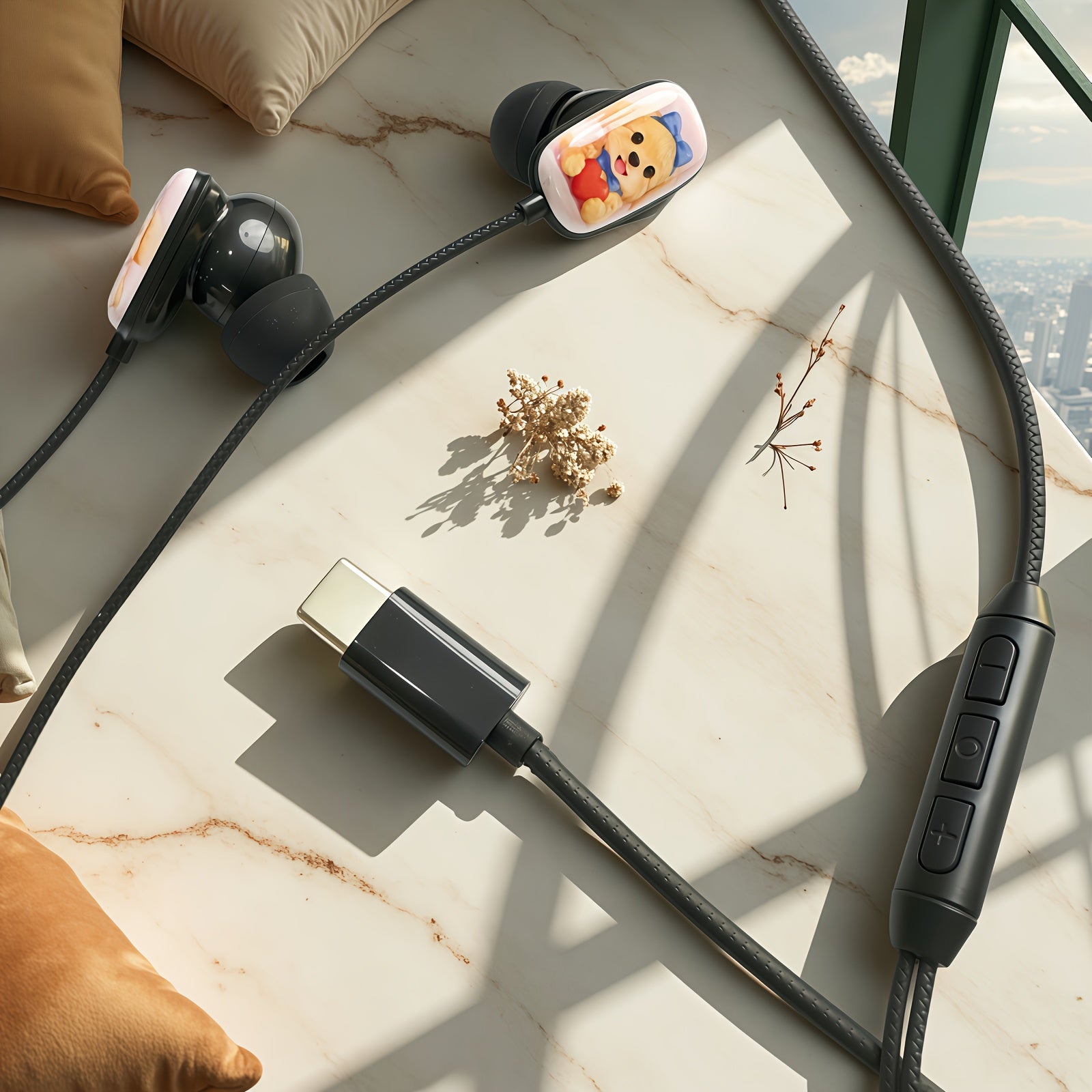 Cartoon Cute Dog 4 Colors to Choose from Wired Headphones,flat Printing Fun In-ear Call Headphones, Music Headphones, Student Headphones,cartoon Headset, HD Microphone and Volume Adjustment, Stereo Clear Sound Quality, Type C