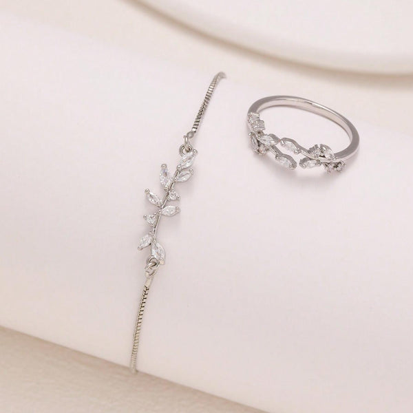 2pcs Silver Crystal Zircon Leaf Adjustable Bracelet and Ring Set
