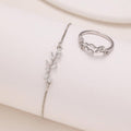 2pcs Silver Crystal Zircon Leaf Adjustable Bracelet and Ring Set