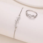 2pcs Silver Crystal Zircon Leaf Adjustable Bracelet and Ring Set