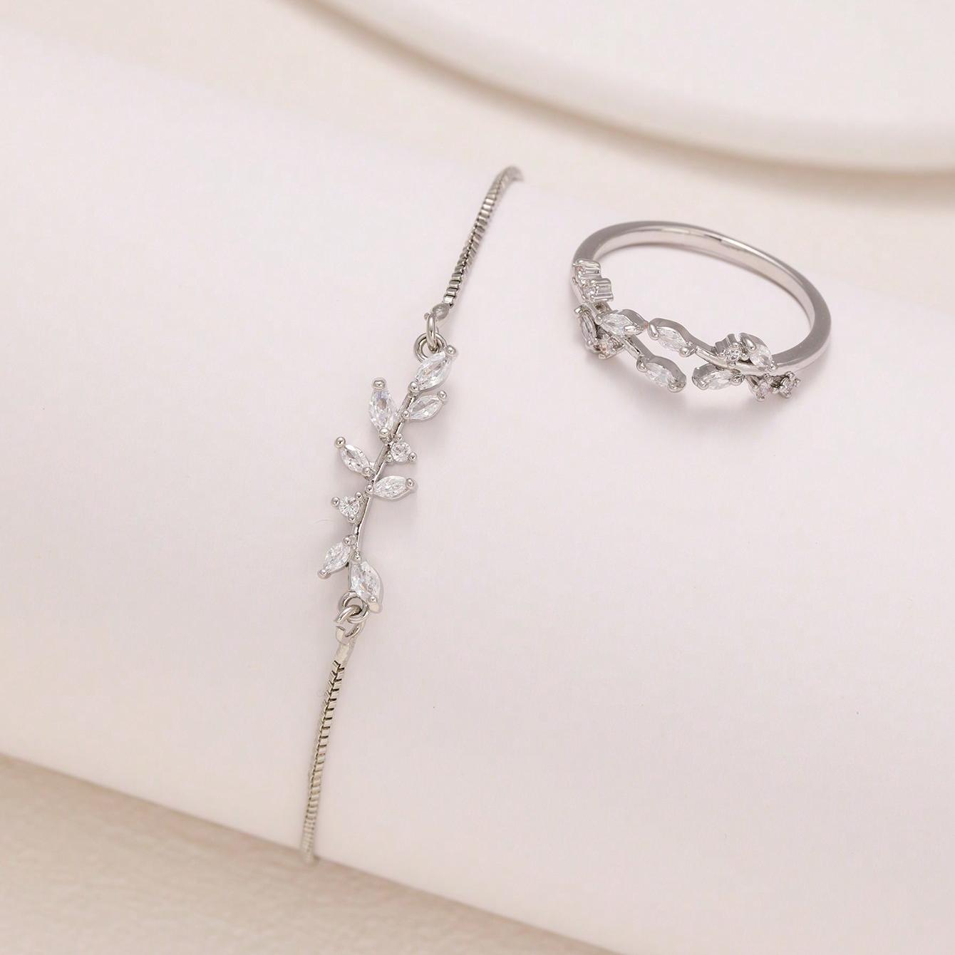 2pcs Silver Crystal Zircon Leaf Adjustable Bracelet and Ring Set