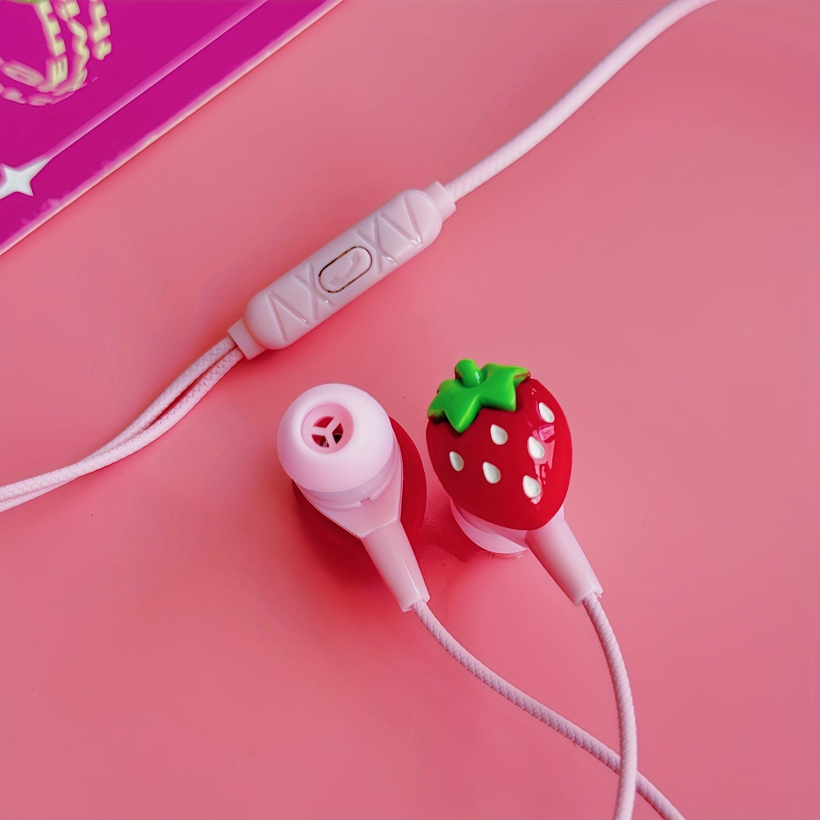 DIY cute strawberry shape pink wired headset,3.5mm socket compatible with all 3.5mm interface equipment,Built-in HD microphone,Stereo high-definition call mobile phone headset, durable round cable,comfortable earplugs,Suitabl