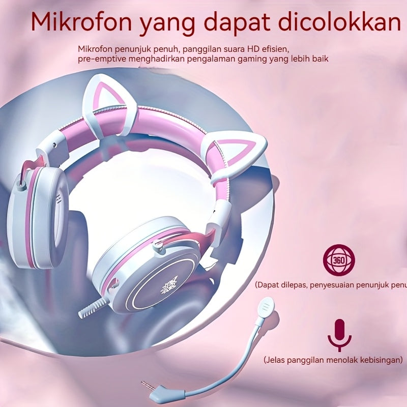Onikuma2025'S Latest White And Pink Cat-Ear Wired Headphones Feature 360-Degree Rotation And High-Quality Stereo Sound. an Essential Addition to Any Gaming Setup. A Charming And Whimsical Present for Female Students. X10 Whit