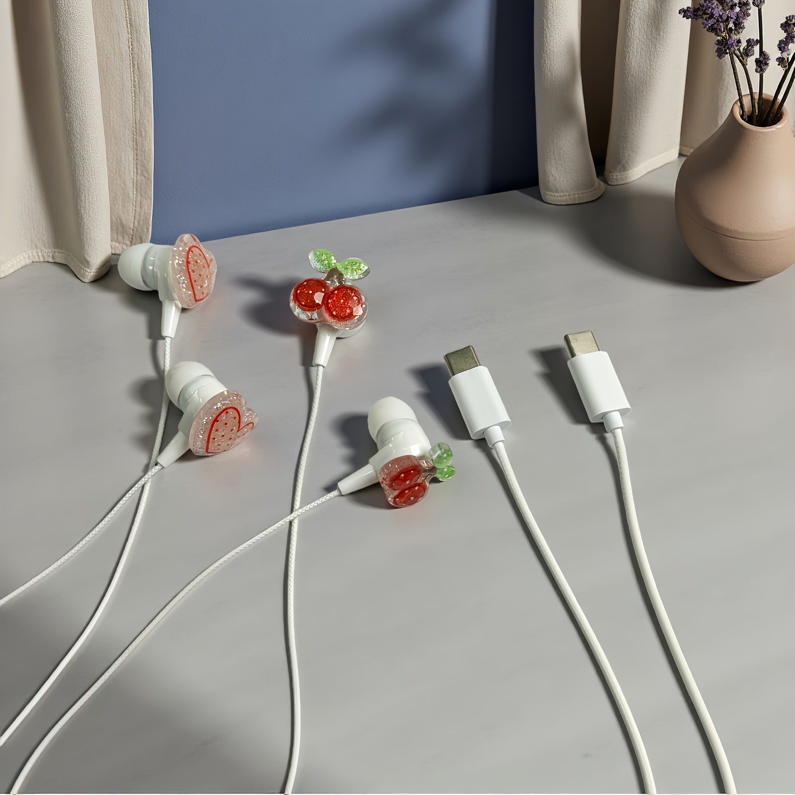 Cute Shiny Cherry & Love Design Cartoon Wired Headset,Equipped with DIY Cherry & Love Accessories,Lightweight Design, Comfortable, Durable Cable,HD Sound Quality Music Headset Built-in Microphone,Song Adjustment & Volume Cont