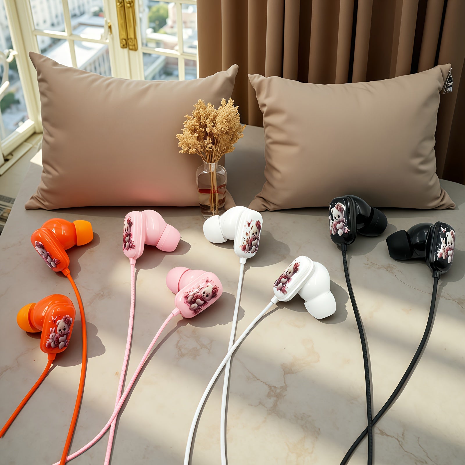 This Newly Designed Wired Headset Features a Cartoon Style with a Cute Bear Pattern Printed on a Flat Surface. It Offers High-Definition Sound Quality for Music And Gaming, Comes with a Built-In Microphone