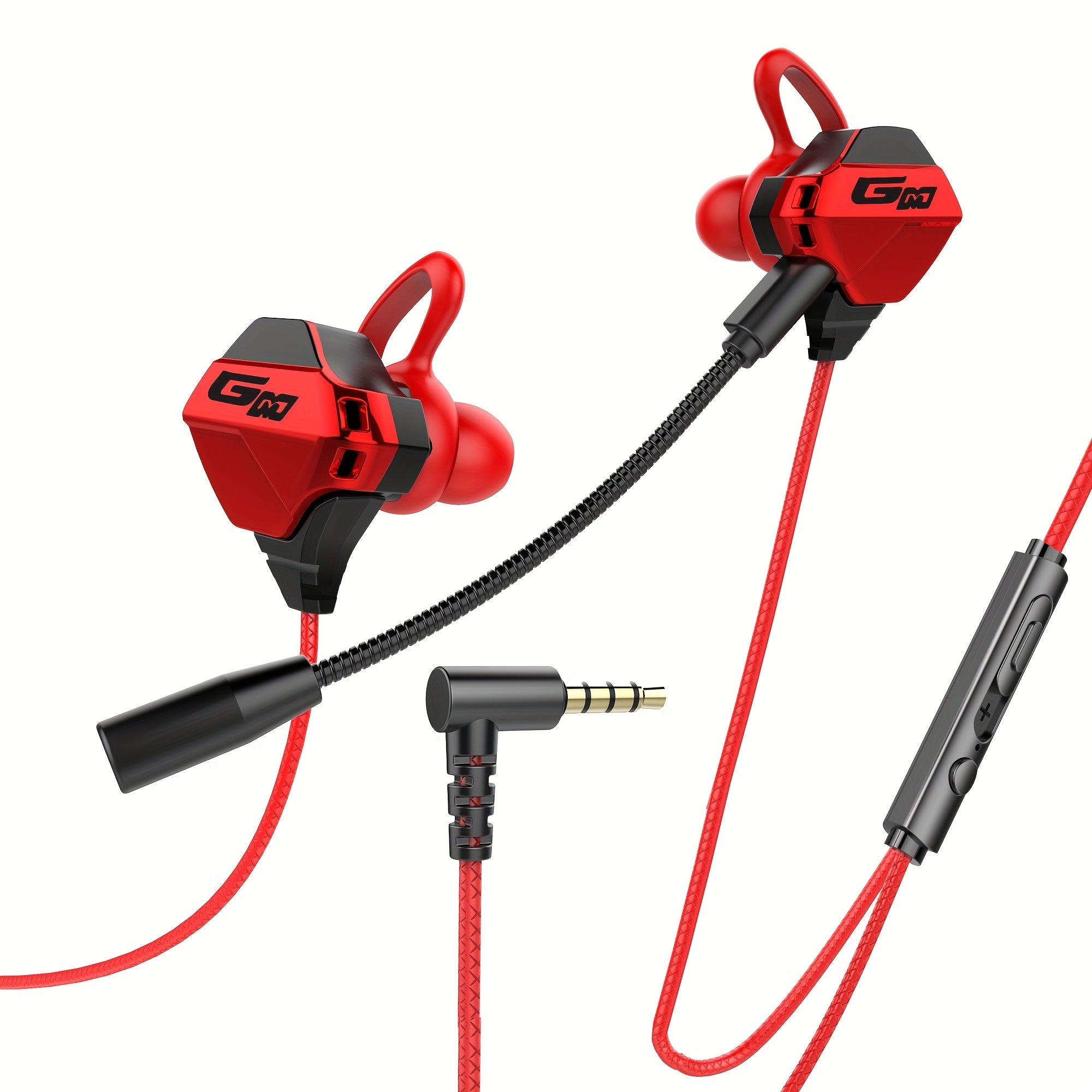 Wired in-ear headphones Dual-microphone design.L-shaped connector does not obstruct hands, widely compatible with red and black 3.5mm/0.138inch plugs, suitable for gaming, live streaming, and karaoke.