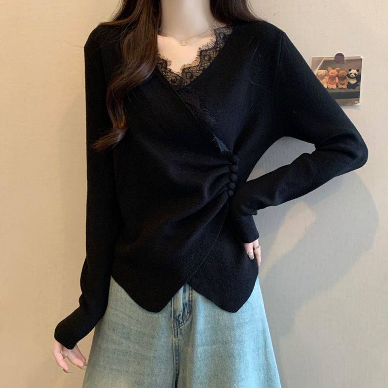 Irregular Cross-feel Lace Spliced V-neck Long Sleeve T-shirt