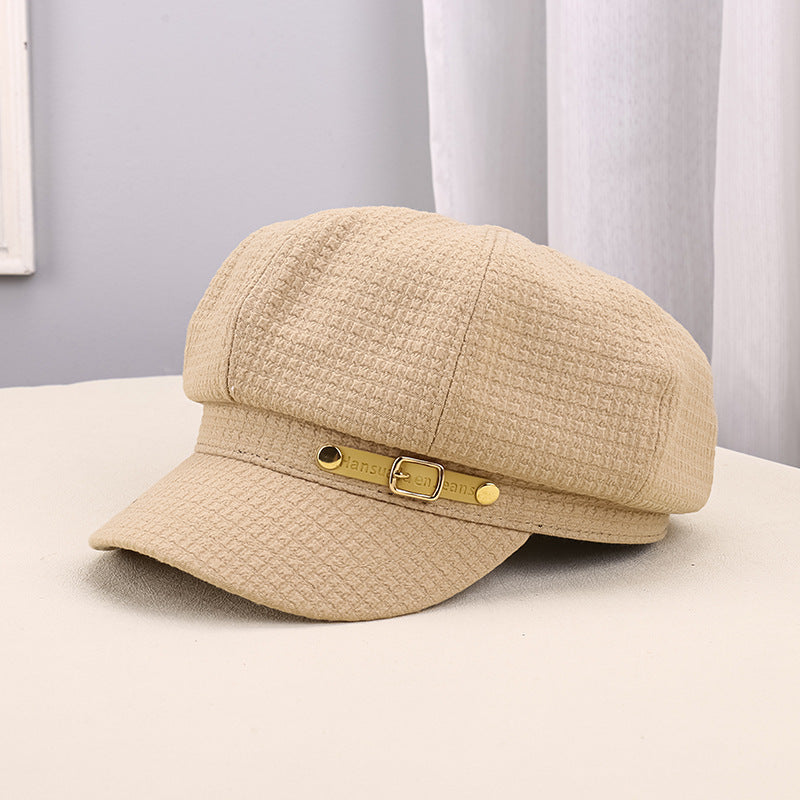 Pleated Octagonal Newsboy Hat with Gold Accent Buckle