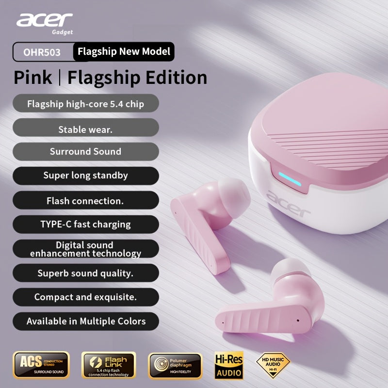 ACER OHR503 Wireless Headphones Offer Extended Standby Time, High-Fidelity Stereo Sound, Smart Noise Cancellation for Calls, Low Latency for Gaming, And a Comfortable Fit Suitable for Travel, Sports, Work, Study