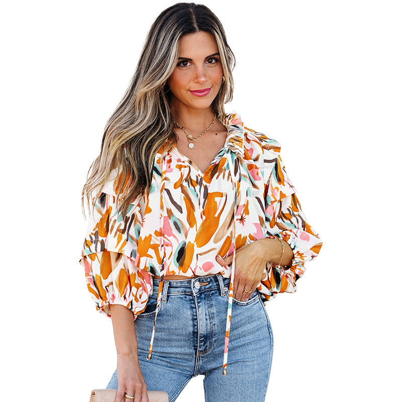 V-Neck Colorblock Printed Chiffon Blouse with Tassel Ties