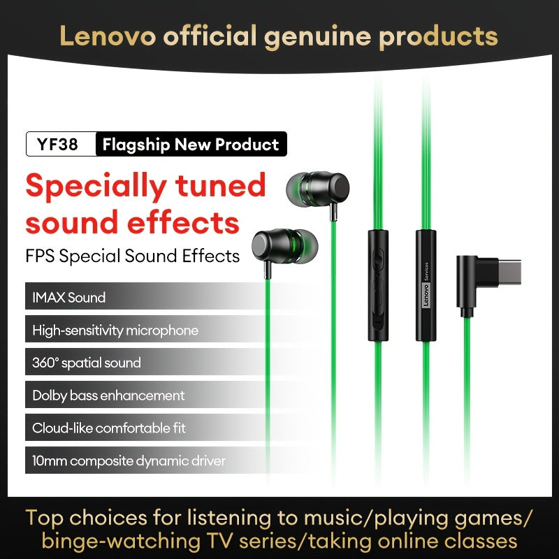 Lenovo YF38 Type-c Headphones Earphones Headset Multi-Scenario Users and Sound Quality Seekers Daily Device Connection and Casual Gaming Moments Professional Game-Tuned High-Resolution Audio Effects Compact In-Ear Build Stron