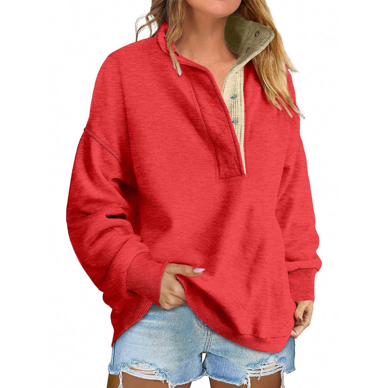 Floral Accent Buttoned Stand-Collar Pullover