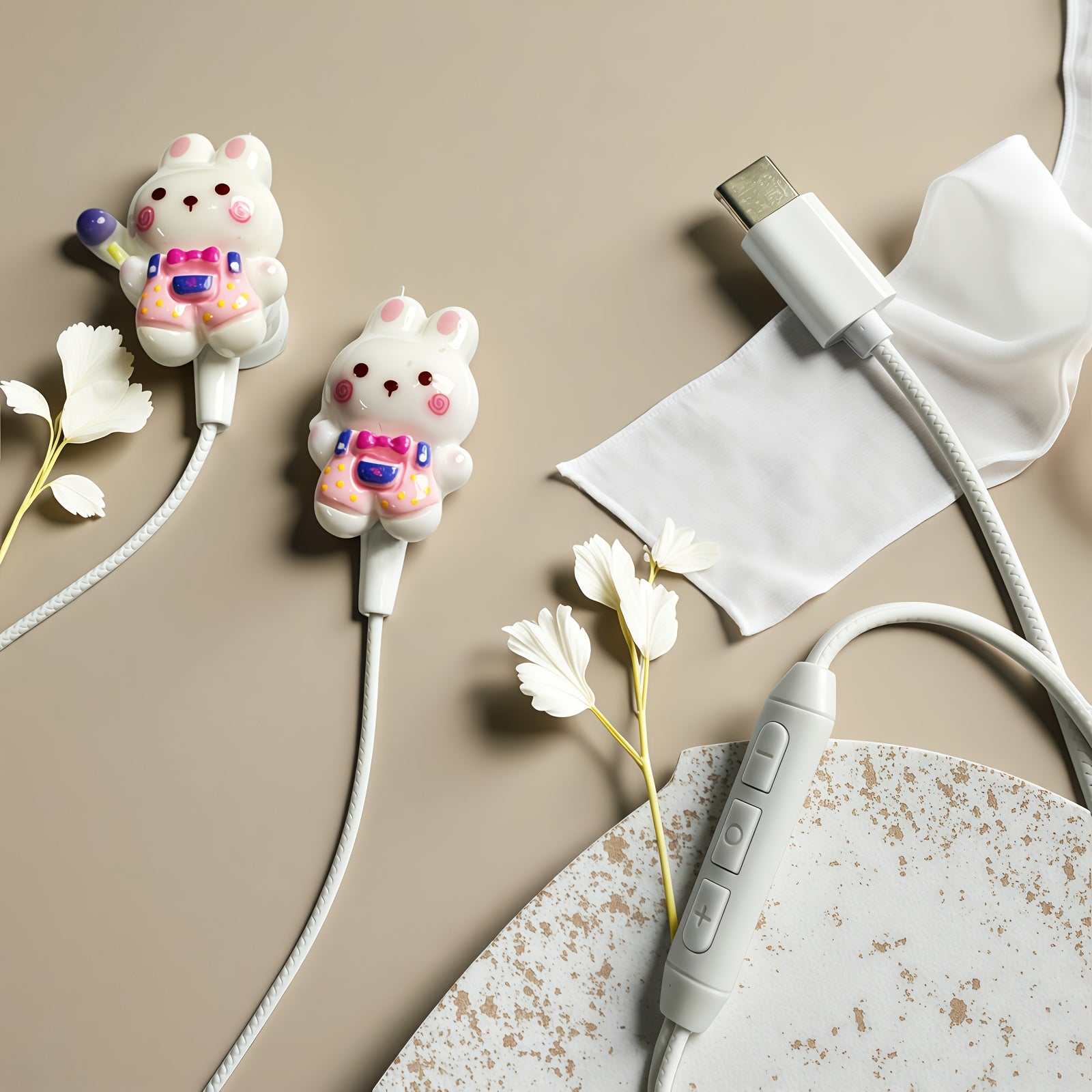 Adorable Bunny-Themed Wired Headphones Featuring Cute Additions, Designed As In-Ear Cartoon Headsets for Music. These Student Headphones Come with a Built-In Microphone, Volume Control, And Song Adjustment Buttons