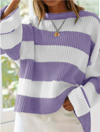 Oversized Batwing Sleeve Striped Knit Sweater