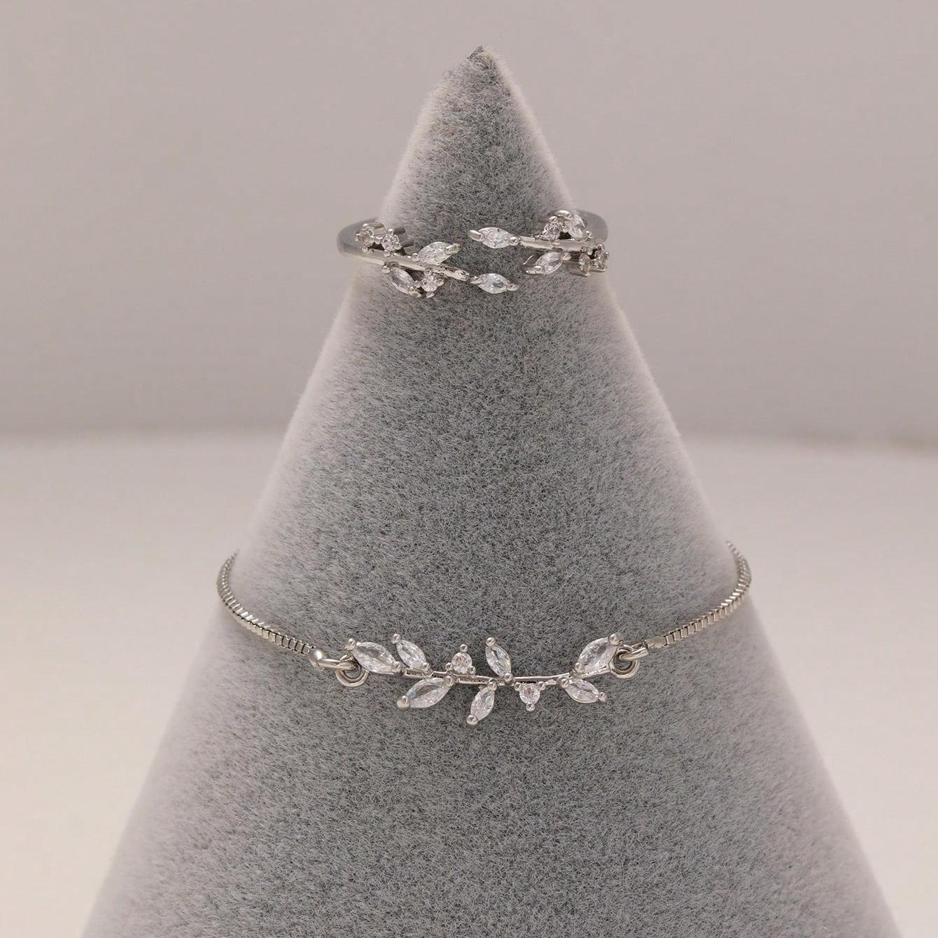2pcs Silver Crystal Zircon Leaf Adjustable Bracelet and Ring Set