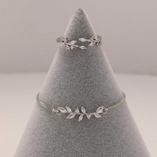 2pcs Silver Crystal Zircon Leaf Adjustable Bracelet and Ring Set