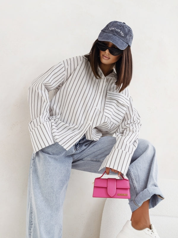 Striped Oversized Shacket with Utility Pockets