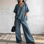 Cotton-Linen V-Neck Wide-Leg Set