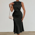 Ruched Satin-Finish Midi Dress