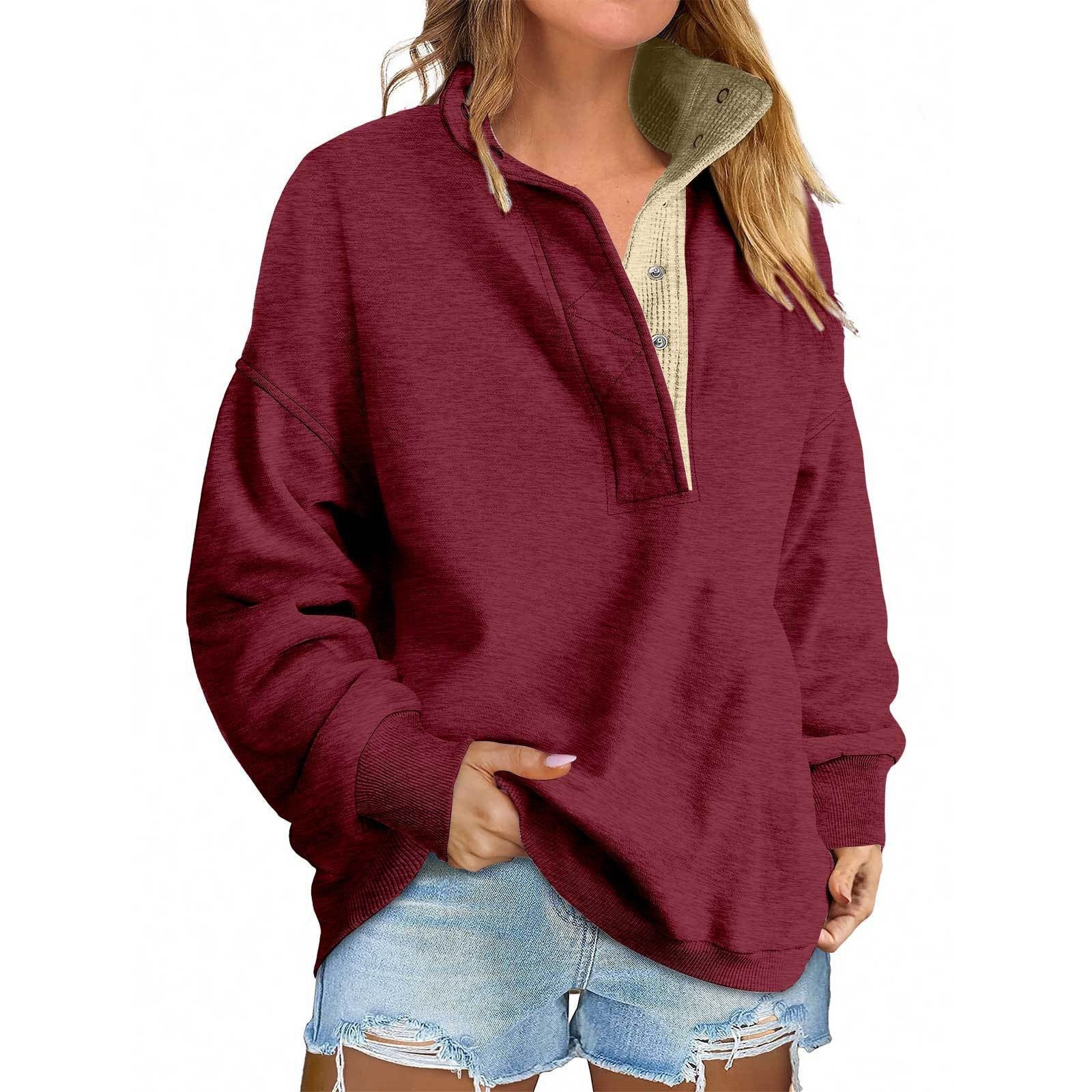 Floral Accent Buttoned Stand-Collar Pullover