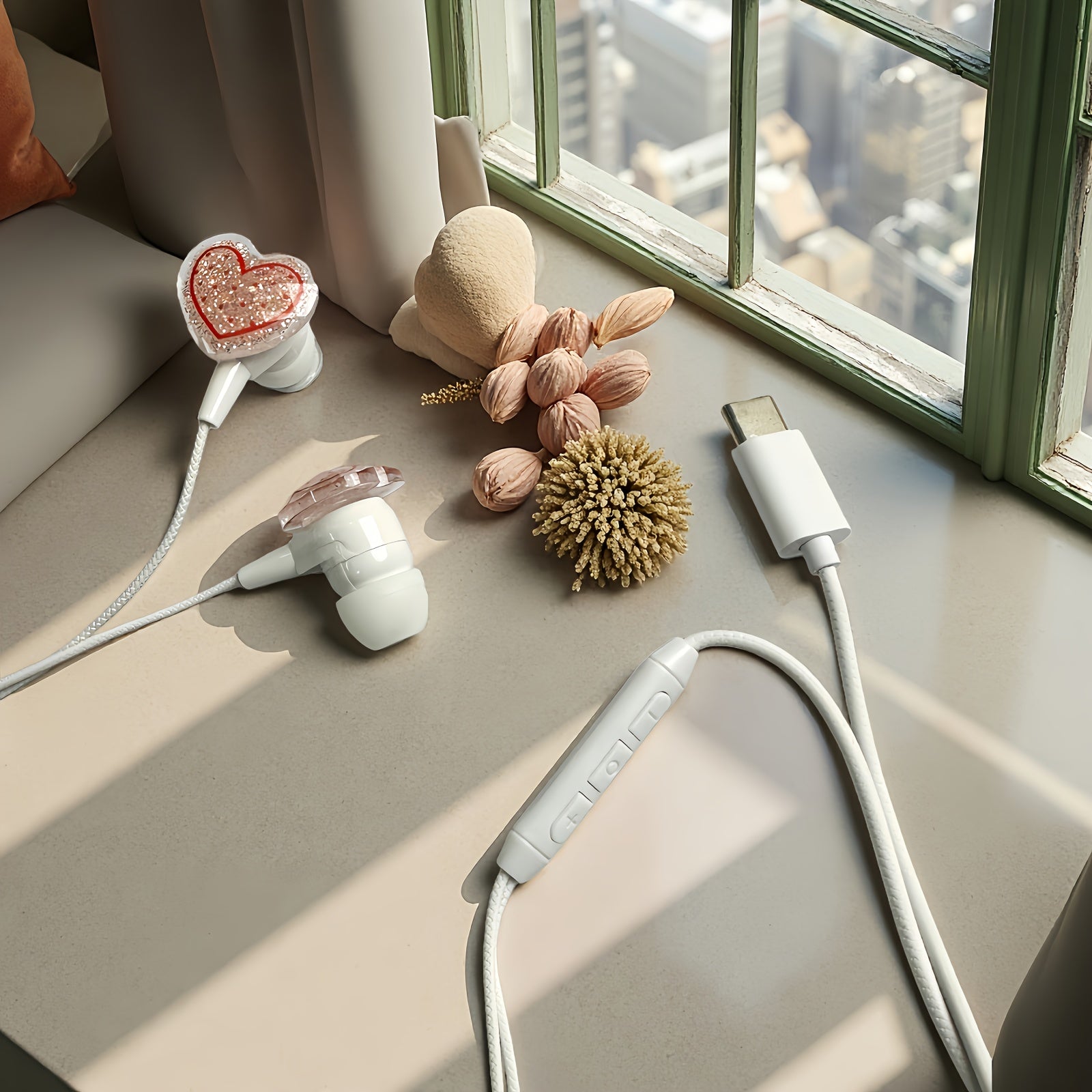 Cute Shiny Cherry & Love Design Cartoon Wired Headset,Equipped with DIY Cherry & Love Accessories,Lightweight Design, Comfortable, Durable Cable,HD Sound Quality Music Headset Built-in Microphone,Song Adjustment & Volume Cont