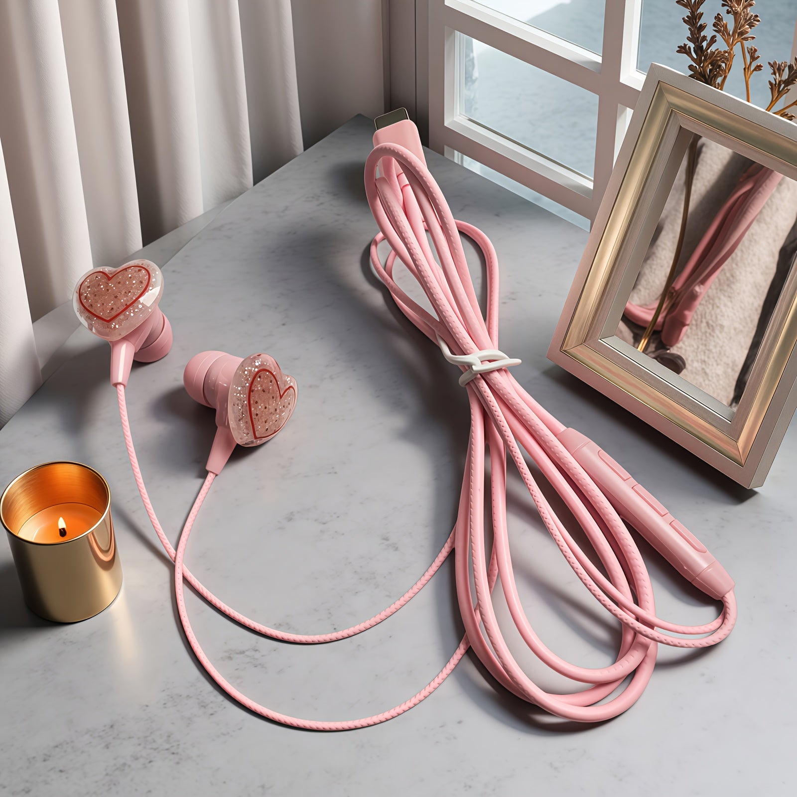 Cute Shiny Cherry & Love Design Cartoon Wired Headset,Equipped with DIY Cherry & Love Accessories,Lightweight Design, Comfortable, Durable Cable,HD Sound Quality Music Headset Built-in Microphone,Song Adjustment & Volume Cont