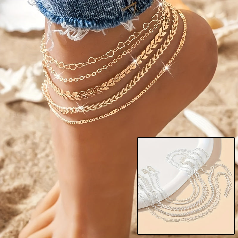 Bohemian Heart and Airplane Multi-Layer Anklet Set