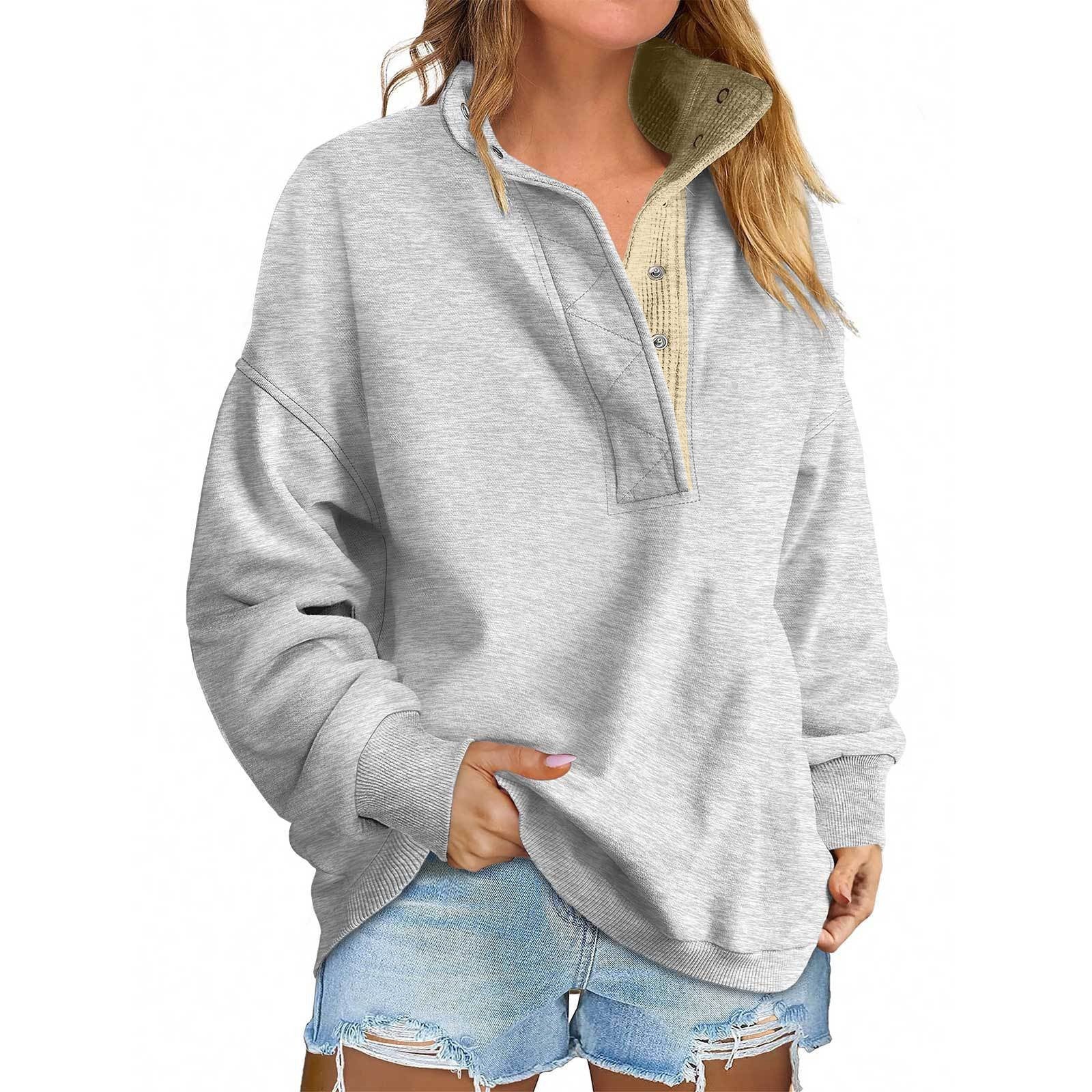 Floral Accent Buttoned Stand-Collar Pullover