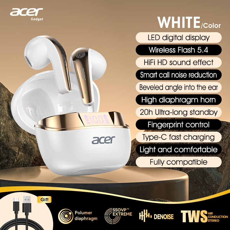 Acer TWS Wireless Earbuds with Deep Bass Stereo Sound + Call Noise Reduction, Long Battery Life, In-Ear Design for Sports And Running, Low Latency Gaming Mode, HIFI Audio, Lightweight Touch Control Design, Stylish Appearance