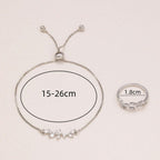2pcs Silver Crystal Zircon Leaf Adjustable Bracelet and Ring Set