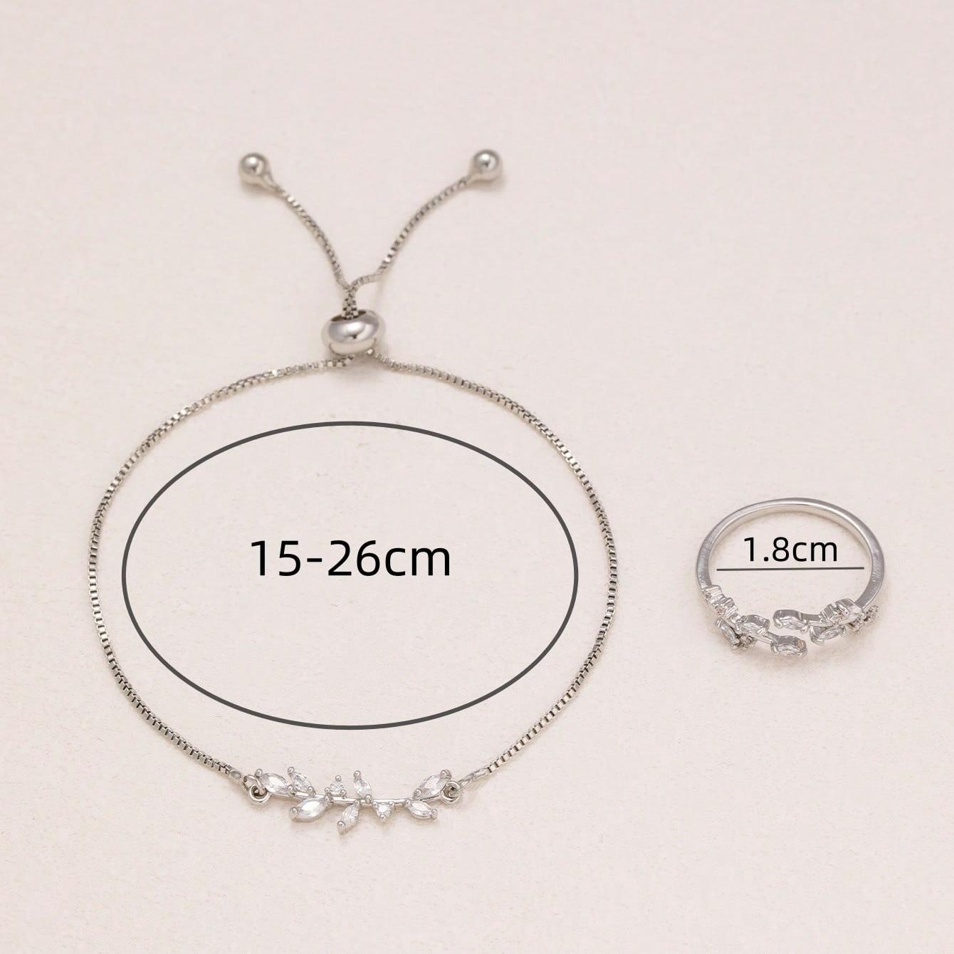 2pcs Silver Crystal Zircon Leaf Adjustable Bracelet and Ring Set