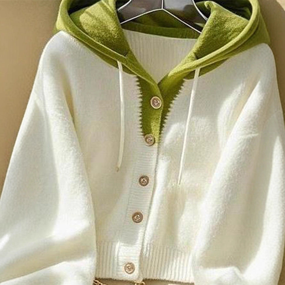 Two-Tone Hooded Knit Cardigan Sweater