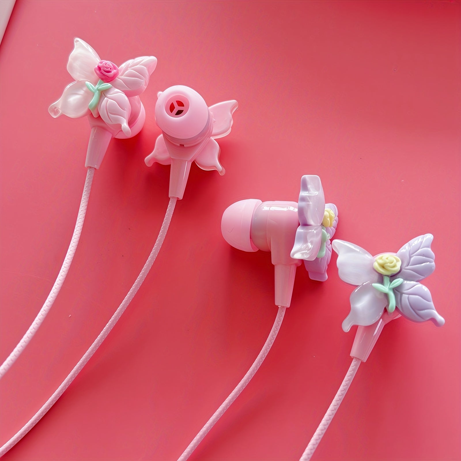 New pink wired headphones equipped with DIY cute butterfly flower accessories, in-ear fashion fun headset, button microphone high-definition sound quality noise-canceling headphones, plug and play without charging,comfortable