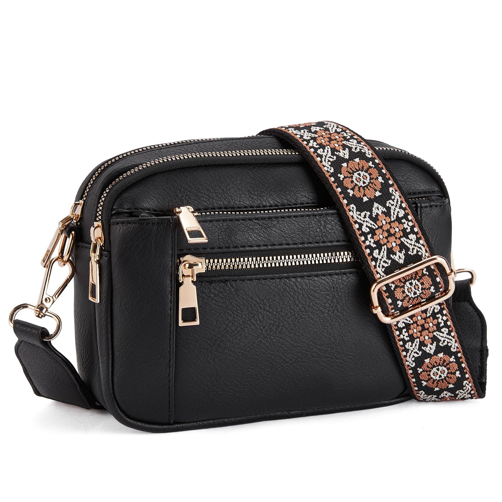 Triple-Zipper Colorblock Crossbody Bag with Floral Embroidered Strap
