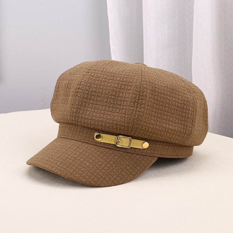 Pleated Octagonal Newsboy Hat with Gold Accent Buckle